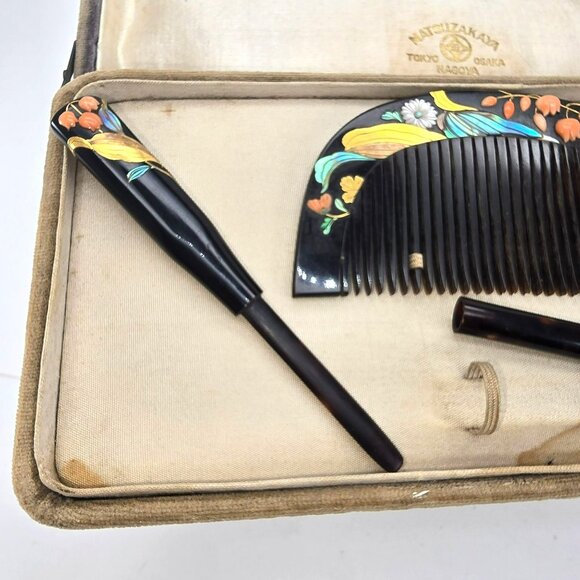 Japanese Floral Lacquer Hair Comb & Stick Set In Box Matsuzakaya Vintage JE311 - Picture 2 of 14